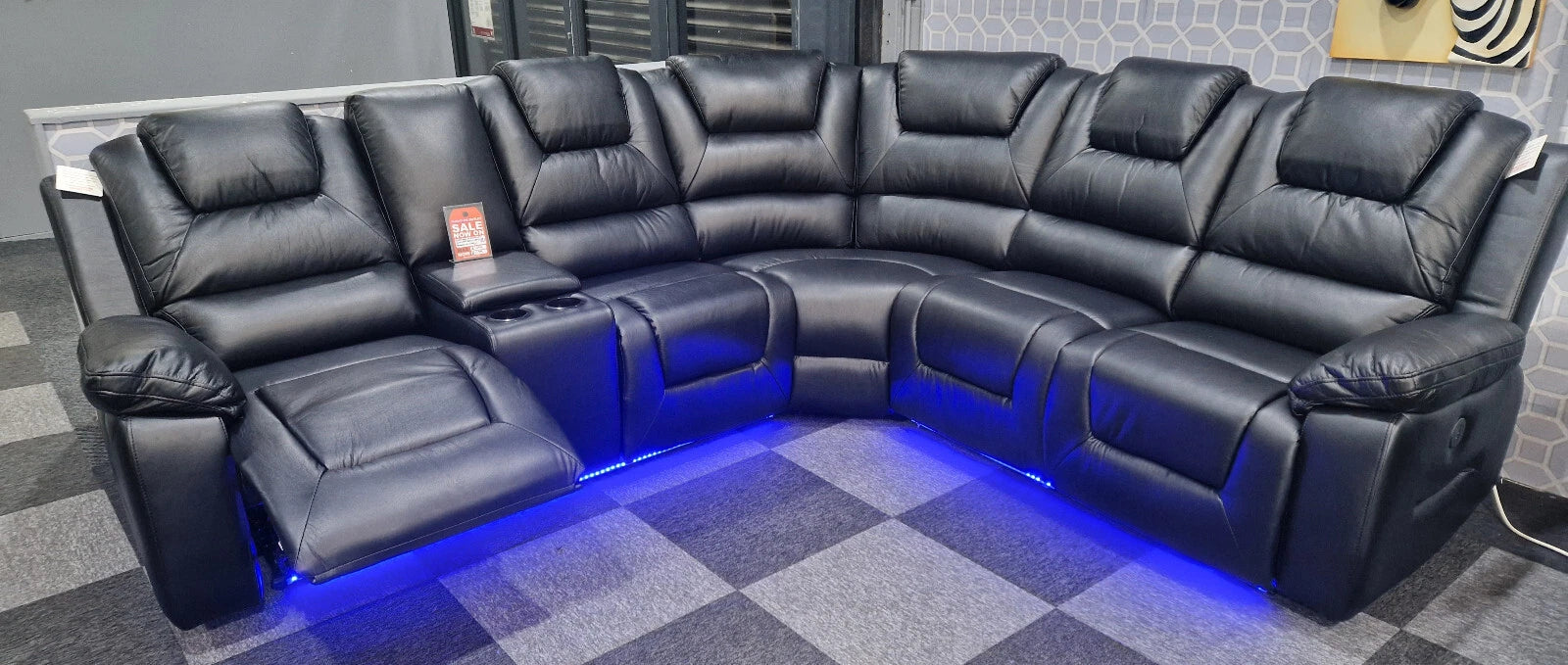 MNS Oxford Black or Grey Electric Recliner Corner Sofa- USB + Cupholders + Blue LED