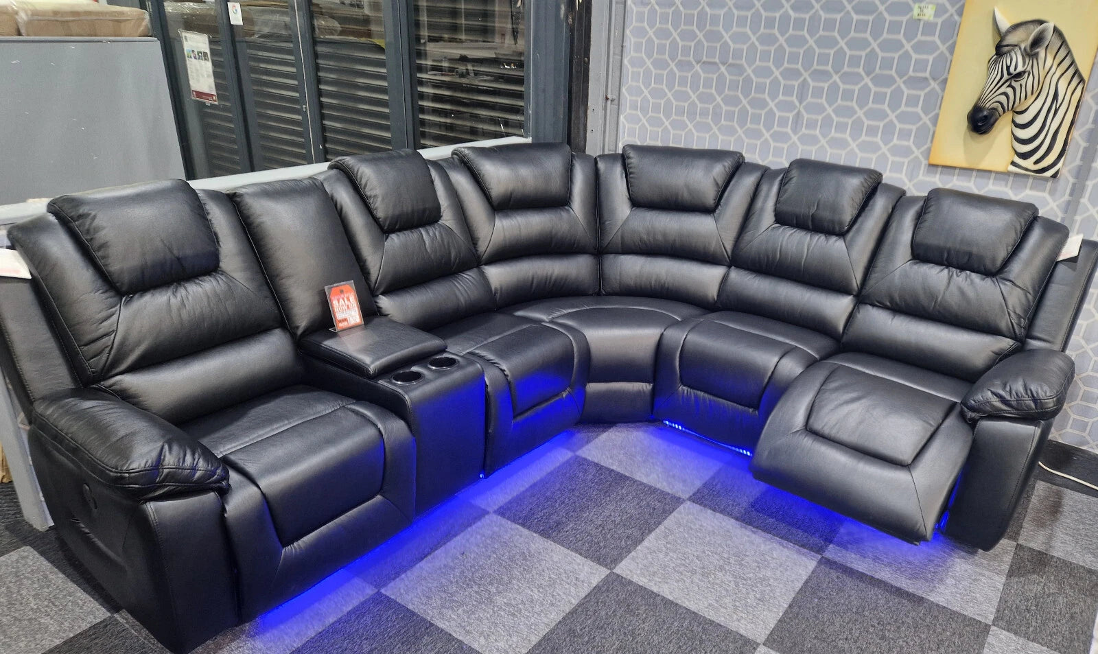 MNS Oxford Black or Grey Electric Recliner Corner Sofa- USB + Cupholders + Blue LED
