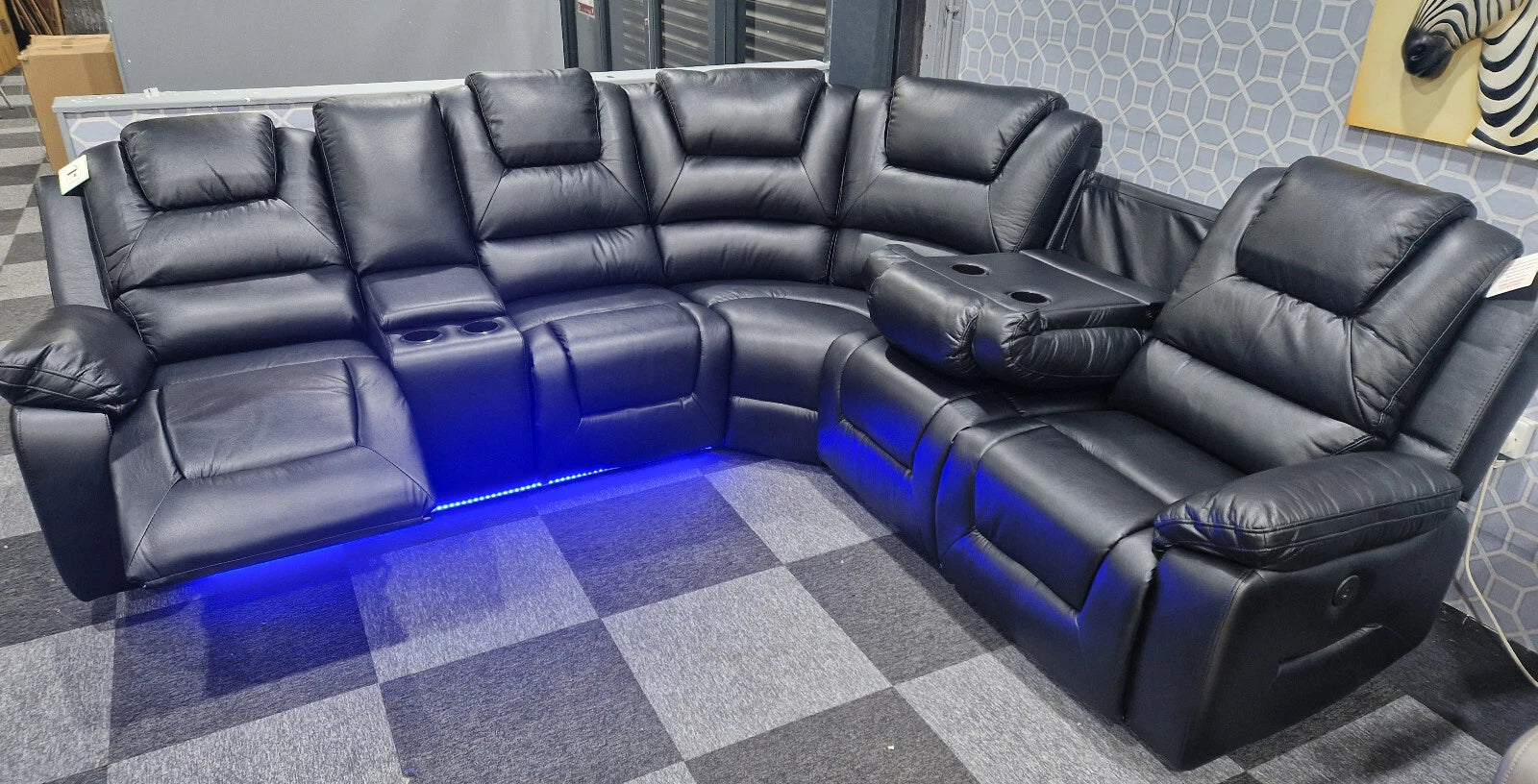 MNS Oxford Black or Grey Electric Recliner Corner Sofa- USB + Cupholders + Blue LED