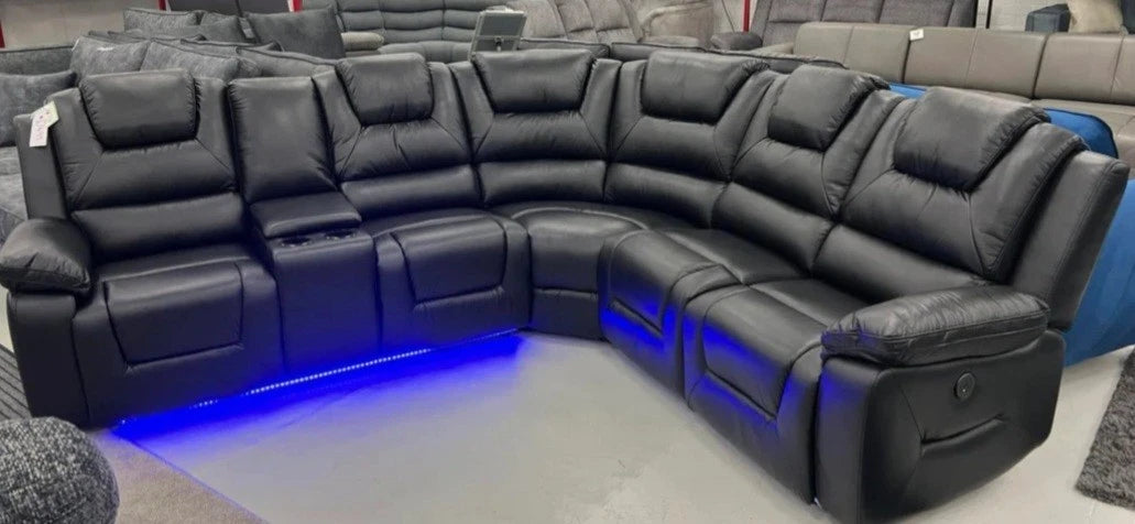MNS Oxford Black or Grey Electric Recliner Corner Sofa- USB + Cupholders + Blue LED