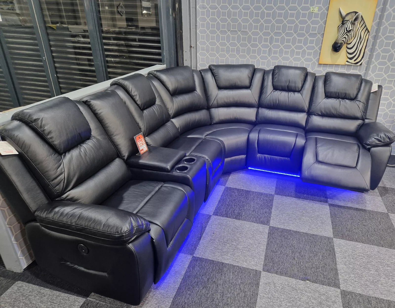 MNS Oxford Black or Grey Electric Recliner Corner Sofa- USB + Cupholders + Blue LED