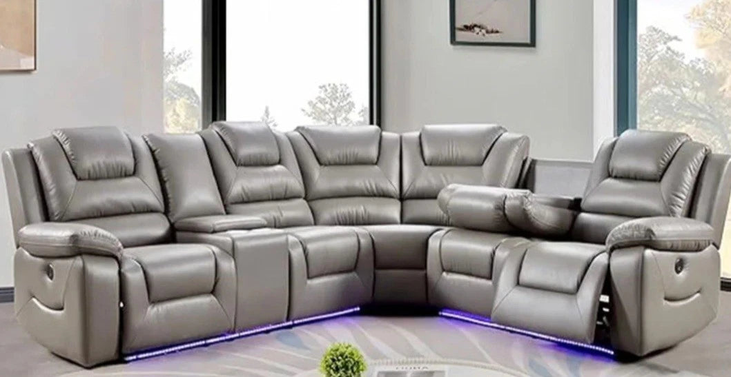 MNS Oxford Black or Grey Electric Recliner Corner Sofa- USB + Cupholders + Blue LED
