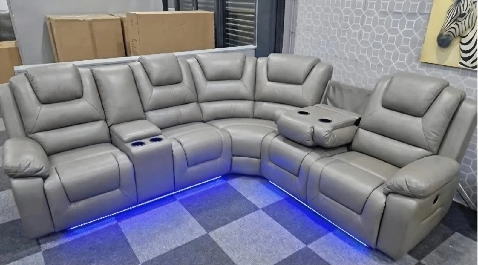 MNS Oxford Black or Grey Electric Recliner Corner Sofa- USB + Cupholders + Blue LED