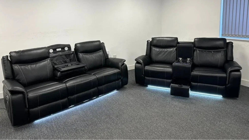 MNS Parada 3 + 2 Black Leather Electric Recliner Sofa Set , USB, LED, Bluetooth