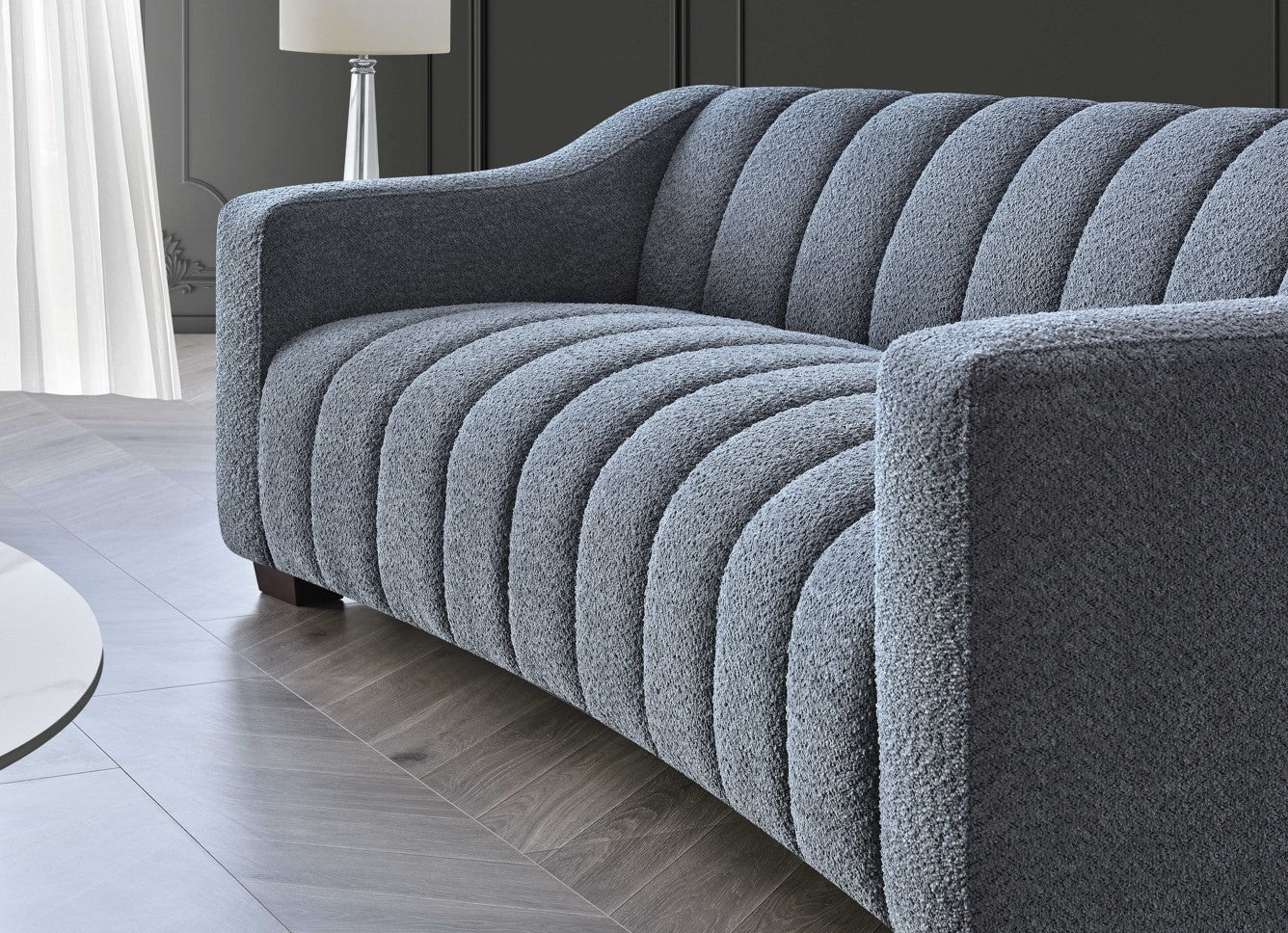 MNS Aluxo Astoria 3 Seater Sofa in Iron Blue Boucle - Deep Channel Stitched Design