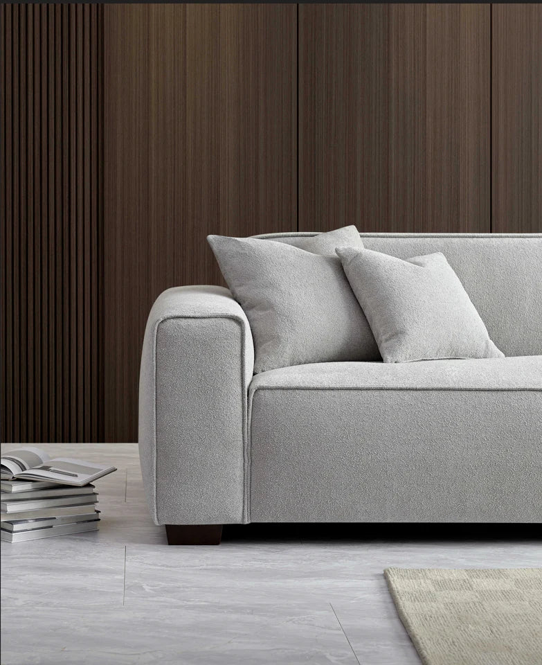 MNS Aluxo Dakota 3 Seater Sofa – Pebble Grey Boucle, Feather-Filled - Armchair, Footstool