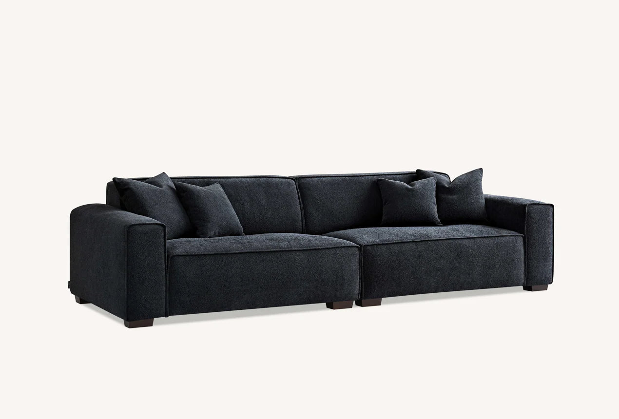 MNS Aluxo Dakota 3 Seater Sofa – Midnight Black Boucle, Feather-Filled - Armchair, Footstool