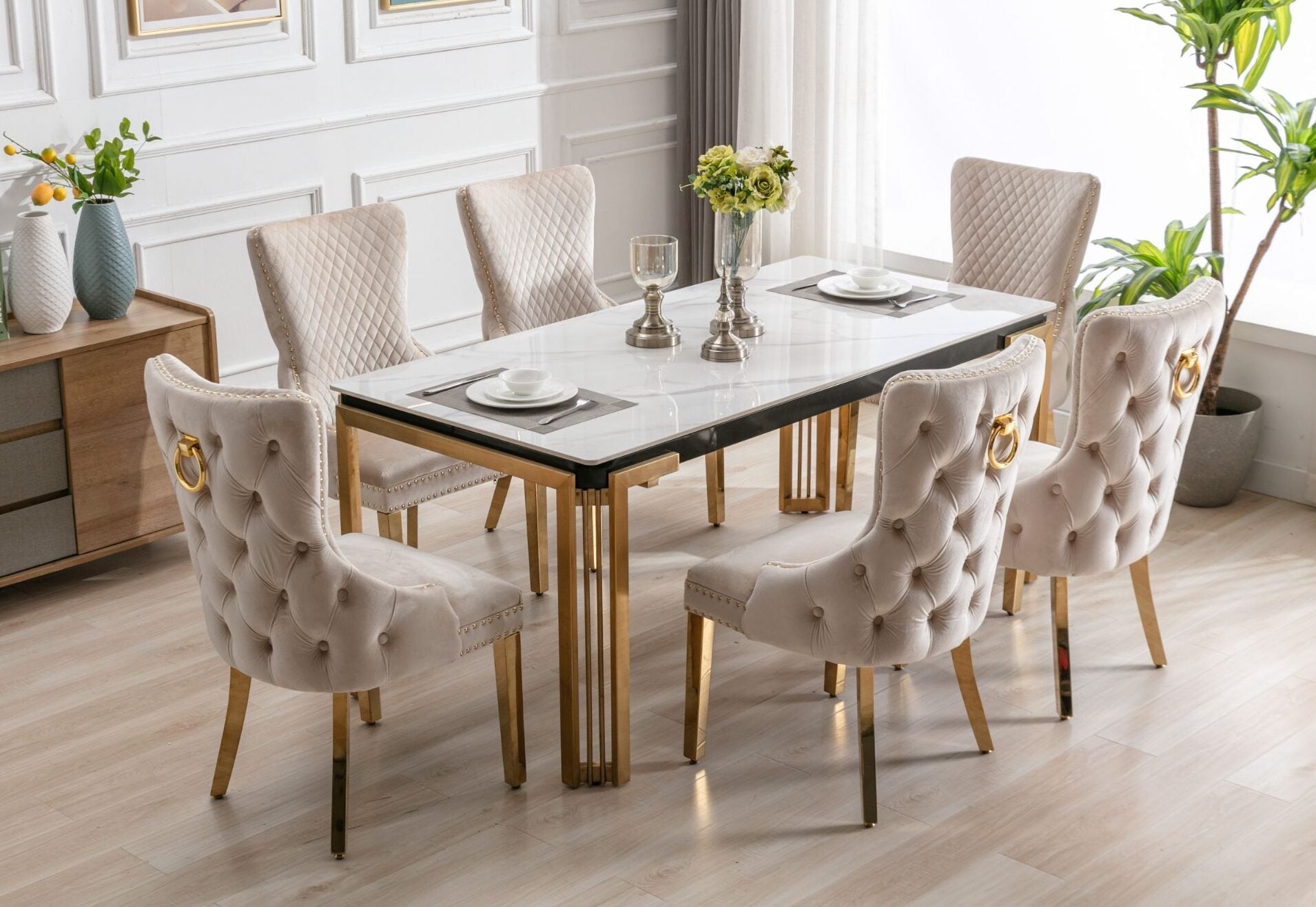 Sorrento Rectangle 150cm Ceramic Gold Table 6 Victoria Dark Cream Ring Knocker Velvet Chair