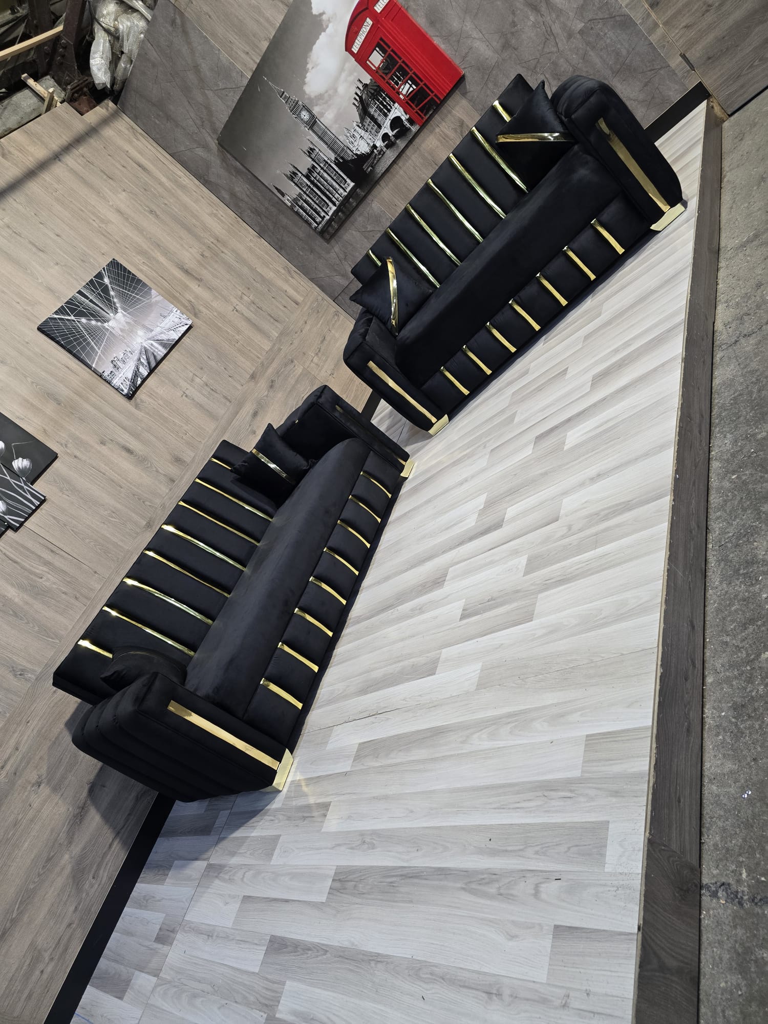 TURKISH STYLE SOFA BED WITH STORAGE GOLD TRIMS ON ARMS BLACK PLUSH