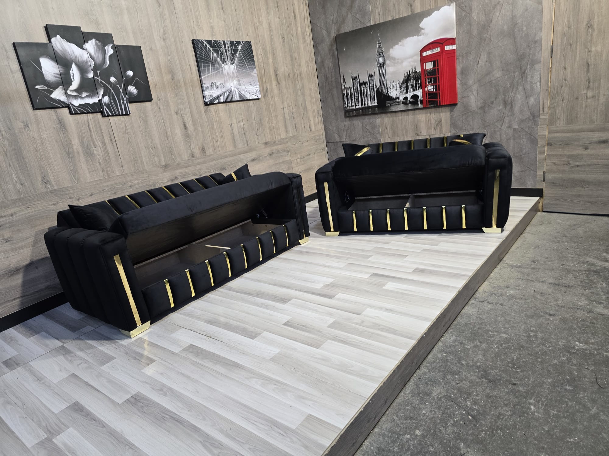 Turkish Style Sofa Bed with Storage Gld Trim Black Plush Velvet Sofa