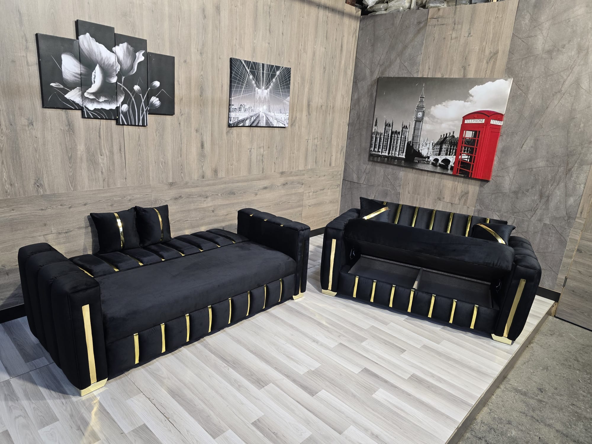 TURKISH STYLE SOFA BED WITH STORAGE GOLD TRIMS ON ARMS BLACK PLUSH