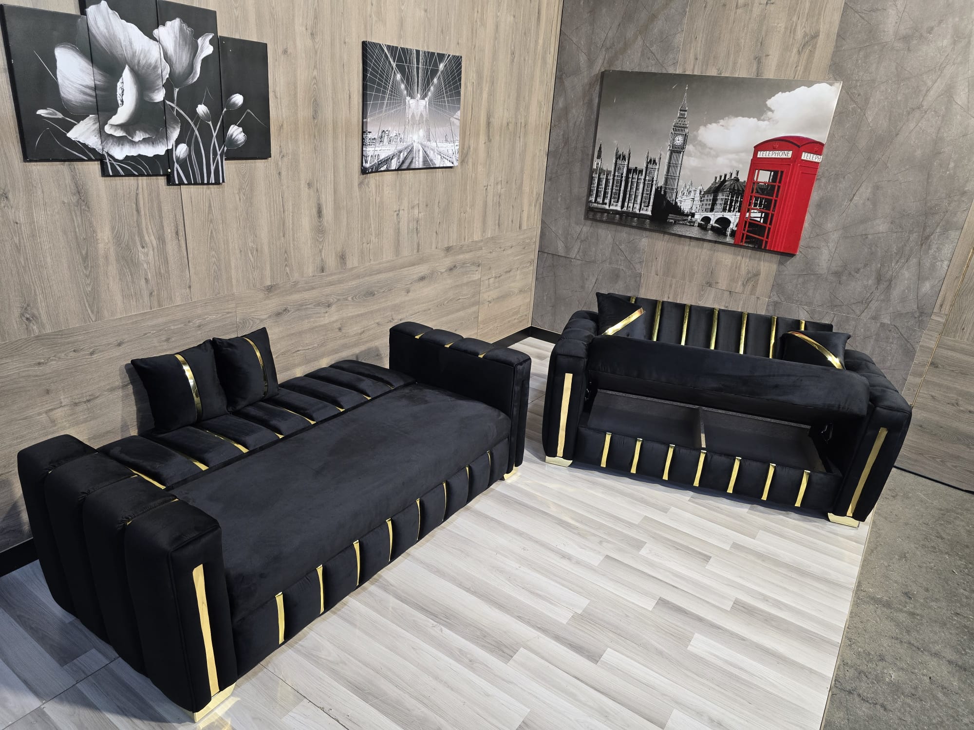 TURKISH STYLE SOFA BED WITH STORAGE GOLD TRIMS ON ARMS BLACK PLUSH