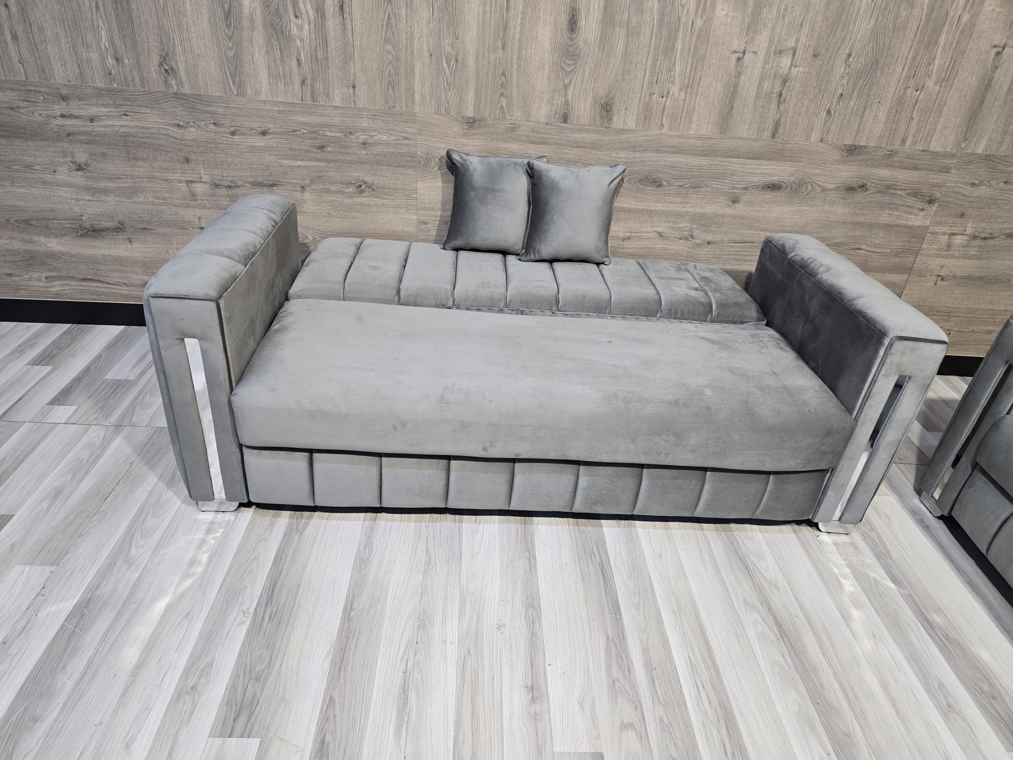 TURKISH STYLE SOFA BED WITH STORAGE CHESTER LINES ON ARMS GREY PLUSH
