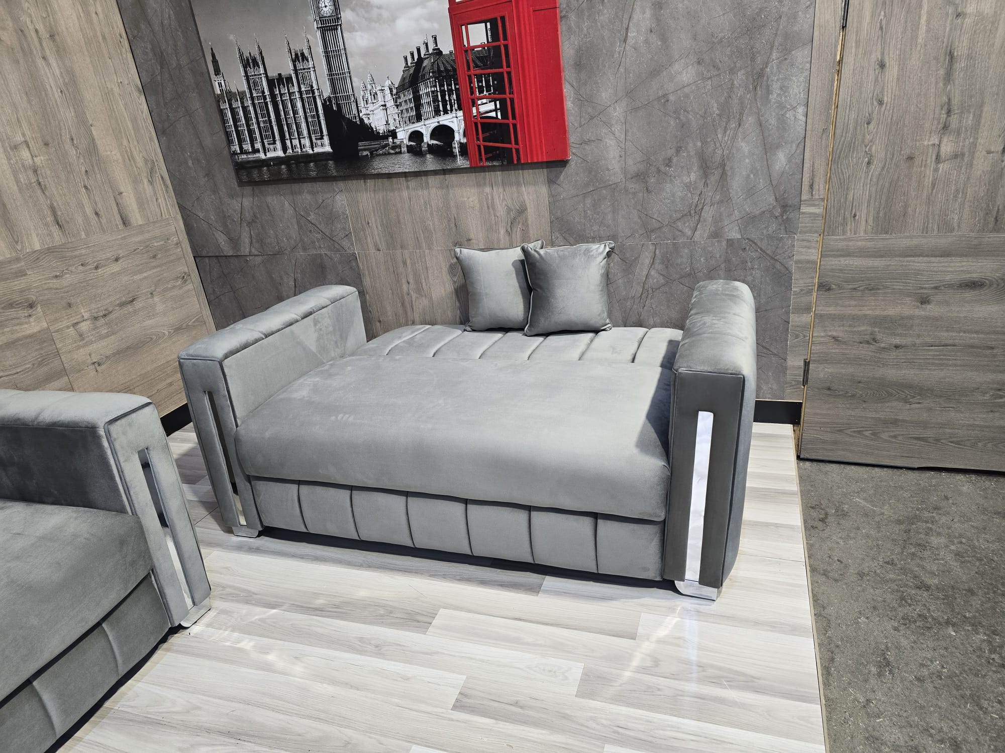 Turkish Style Sofa Bed With Storage Plush Velvet Fabric Chesterfield Arms - Grey