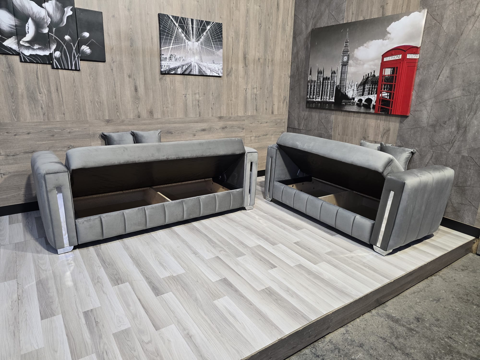 Turkish Style Sofa Bed With Storage Plush Velvet Fabric Chesterfield Arms - Grey