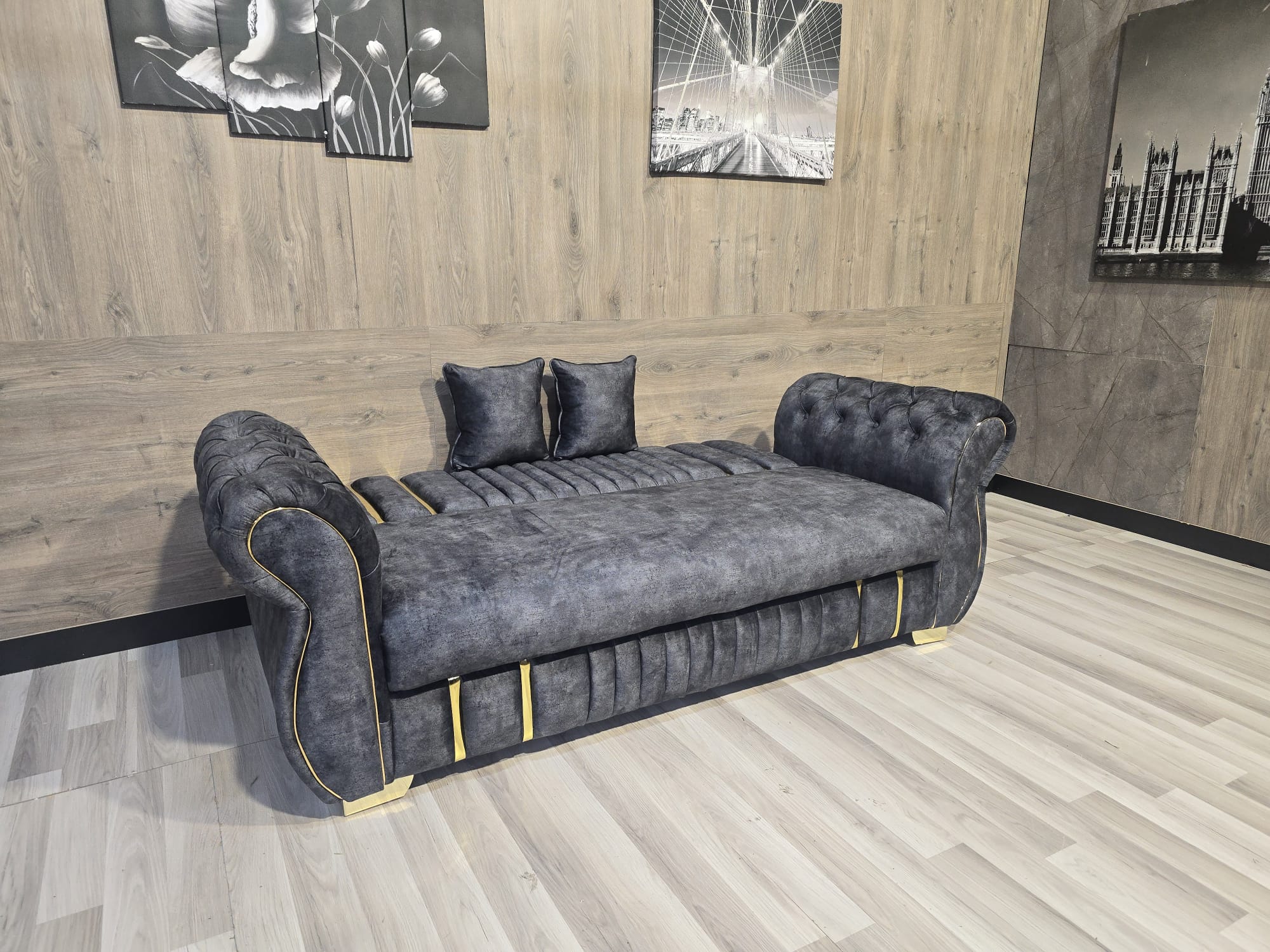 Turkish Style Sofa Bed With Storage Plush Chesterfield Arms Ottoman Settee - Grey