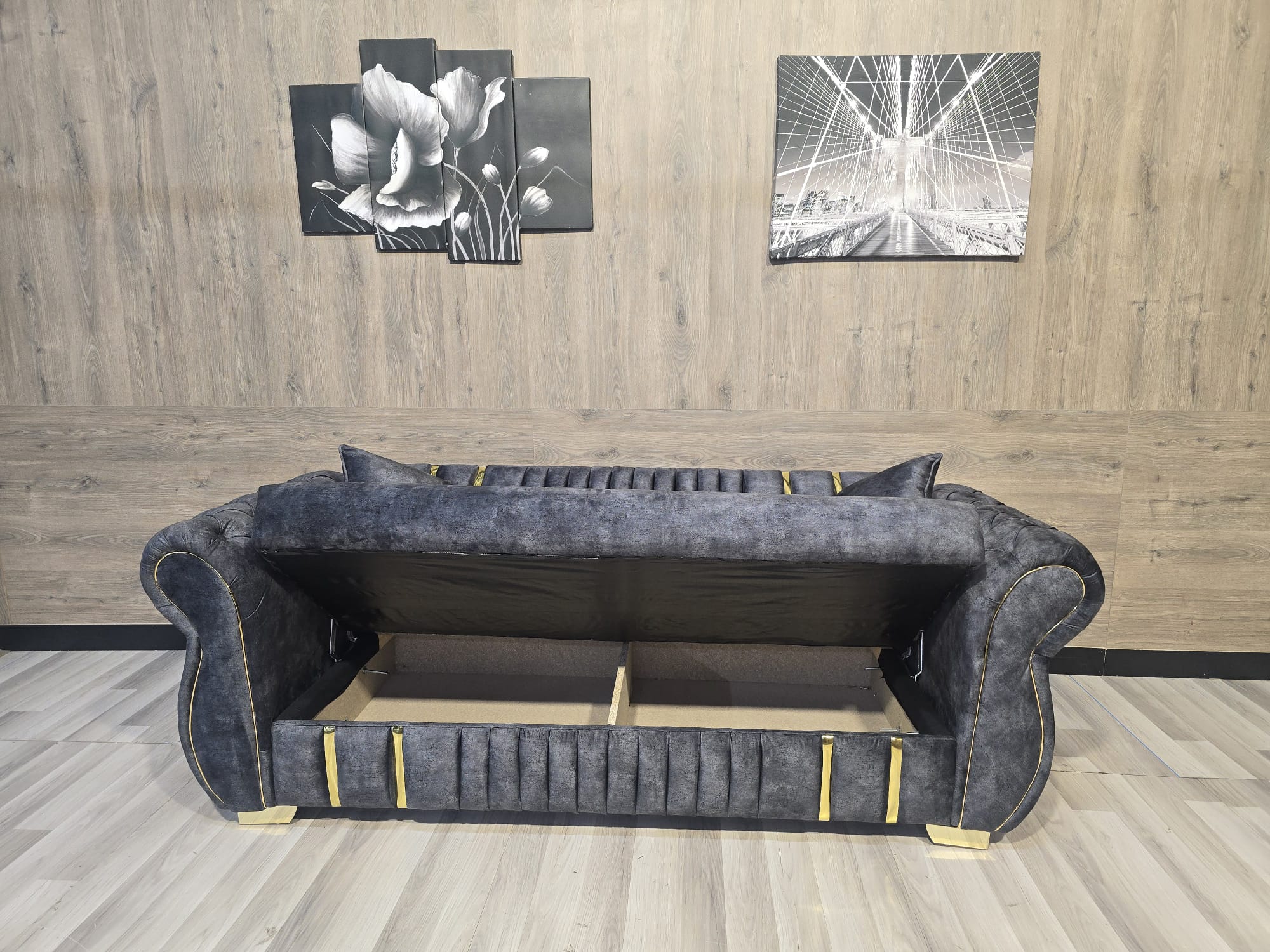 Turkish Style Sofa Bed With Storage Plush Chesterfield Arms Ottoman Settee - Grey