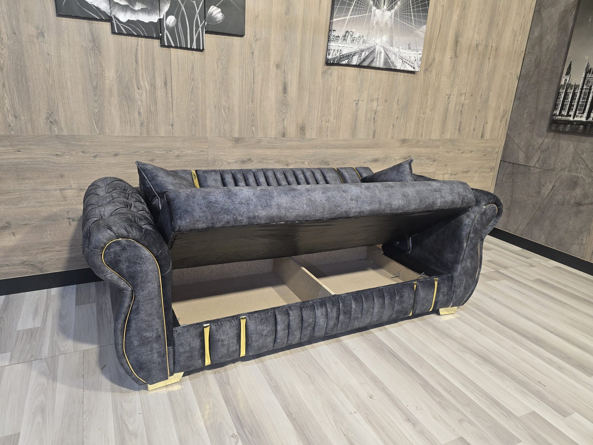 Turkish Style Sofa Bed With Storage Plush Chesterfield Arms Ottoman Settee - Grey