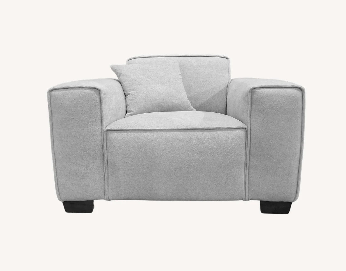 MNS Aluxo Dakota 3 Seater Sofa – Pebble Grey Boucle, Feather-Filled - Armchair, Footstool