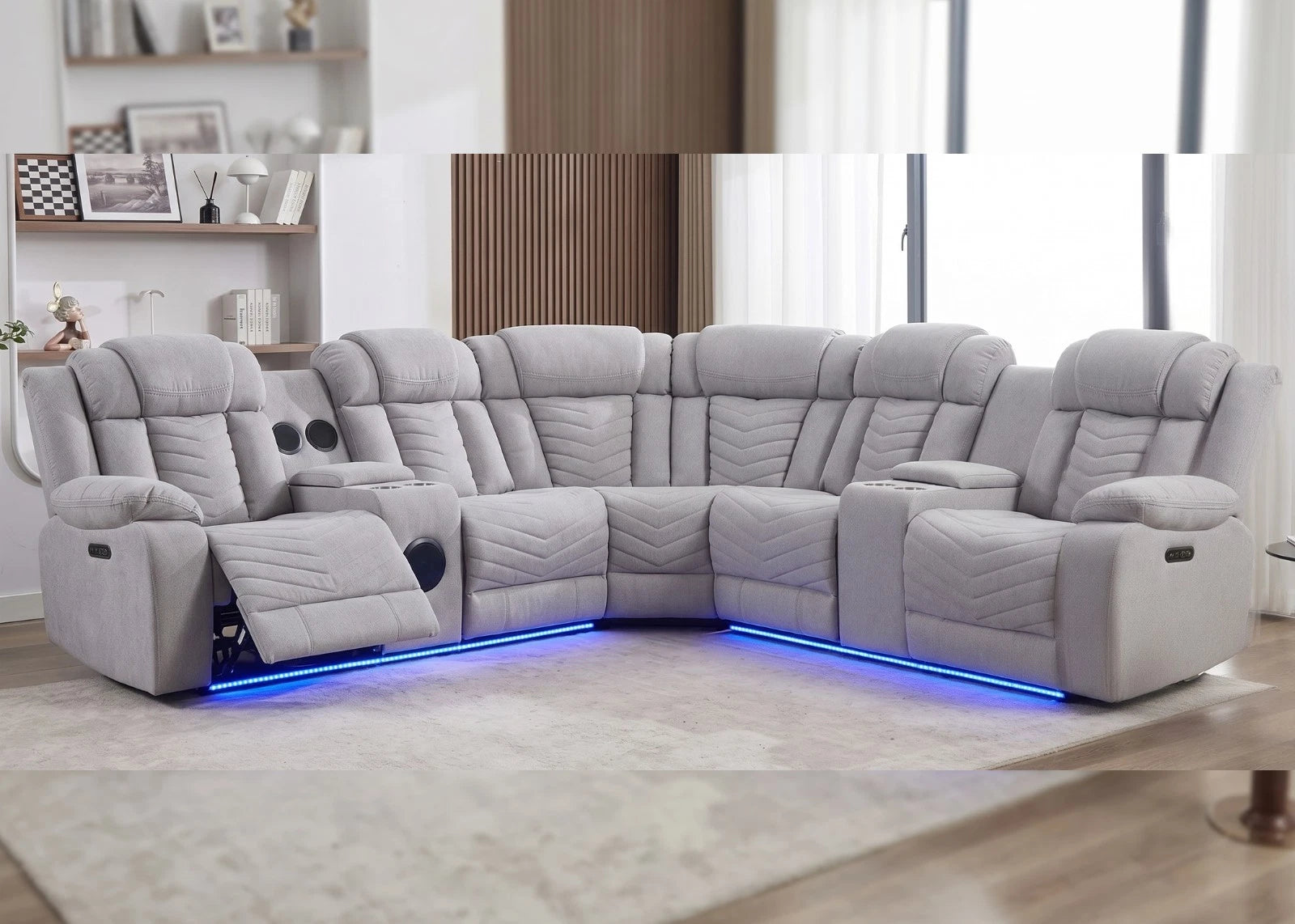 MNS Zeus Fabric Electric Recliner Corner Sofa With Cup holders Grey/Bluetooth/USB