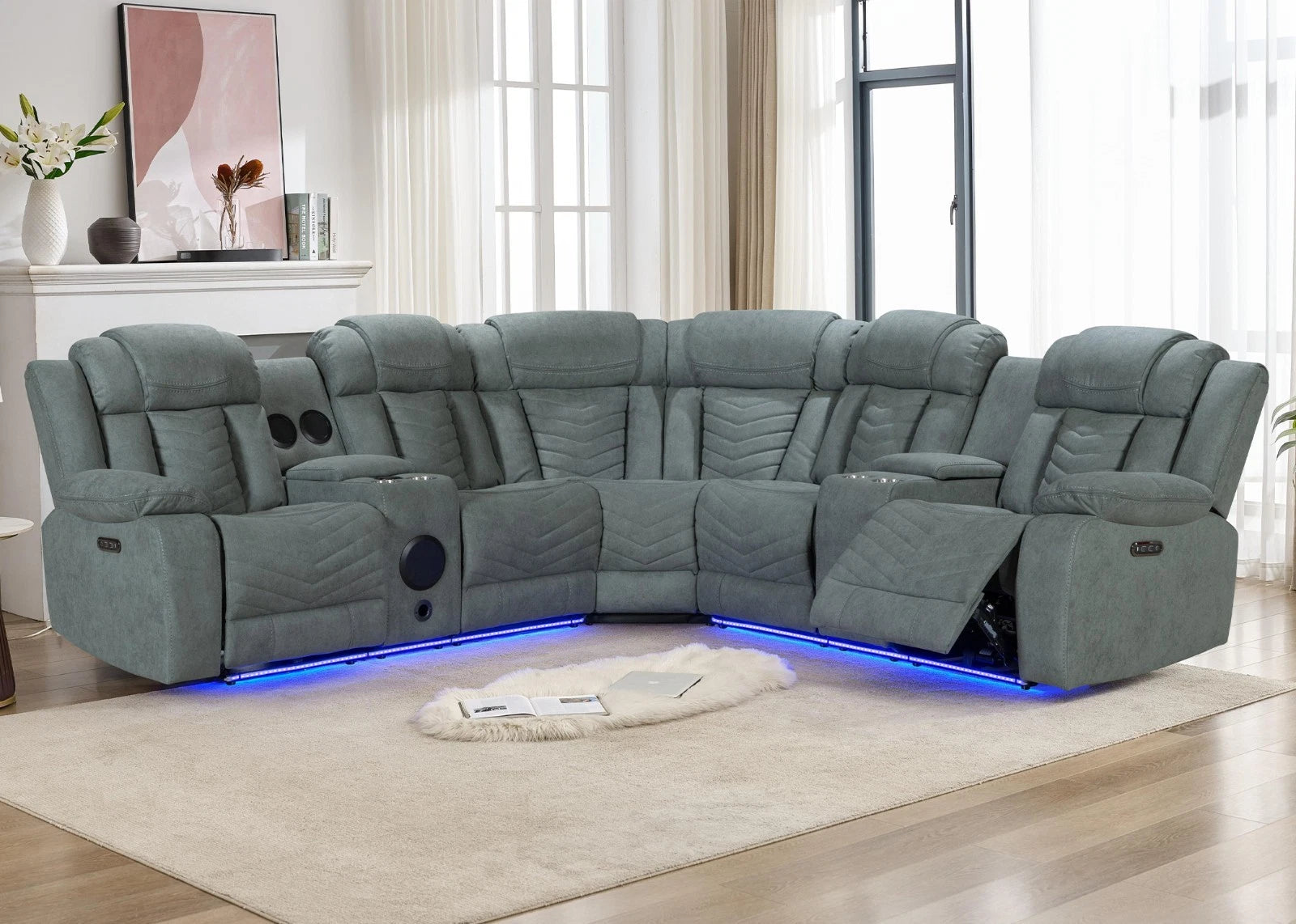 MNS Zeus Fabric Electric Recliner Corner Sofa With Cupholder Dark Grey/Bluetooth/USB