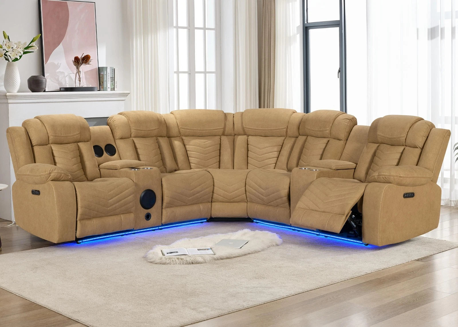 MNS Zeus Fabric Electric Recliner Corner Sofa With Cupholder Beige/Bluetooth/USB