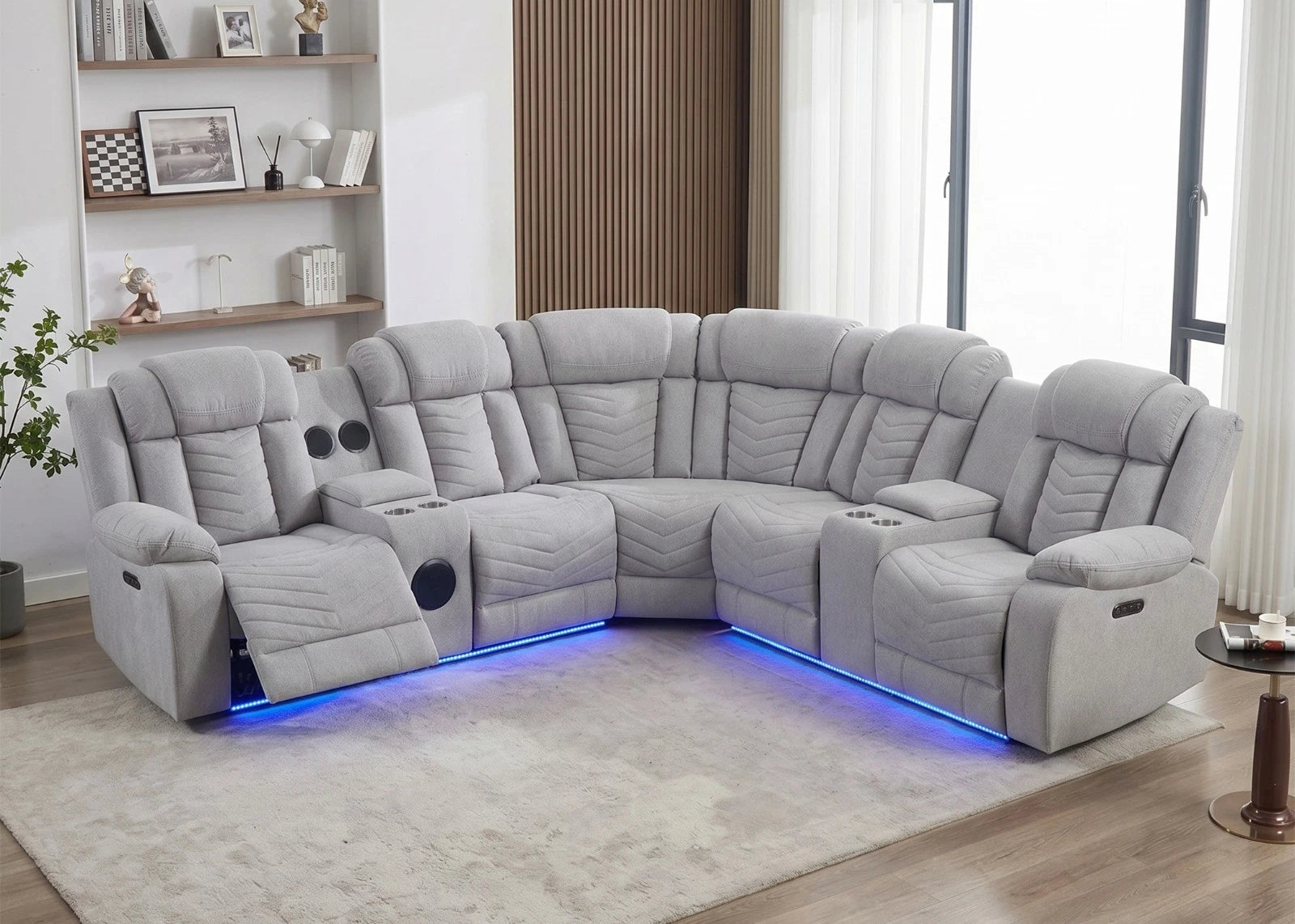 MNS Zeus Fabric Electric Recliner Corner Sofa With Cup holders Grey/Bluetooth/USB