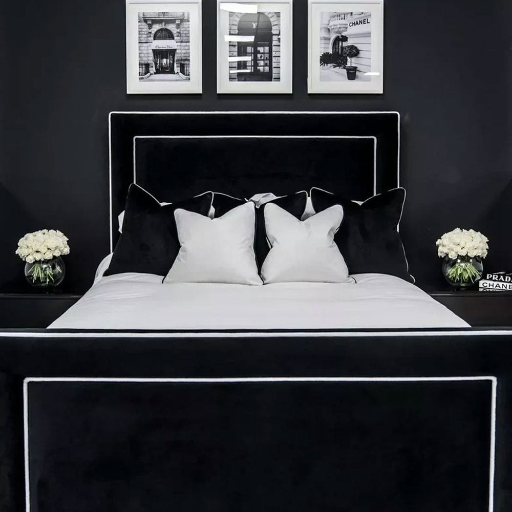 Luxury Piping Black Plush Bed Frame With/Without Ottoman Storage - 54 " Headboard