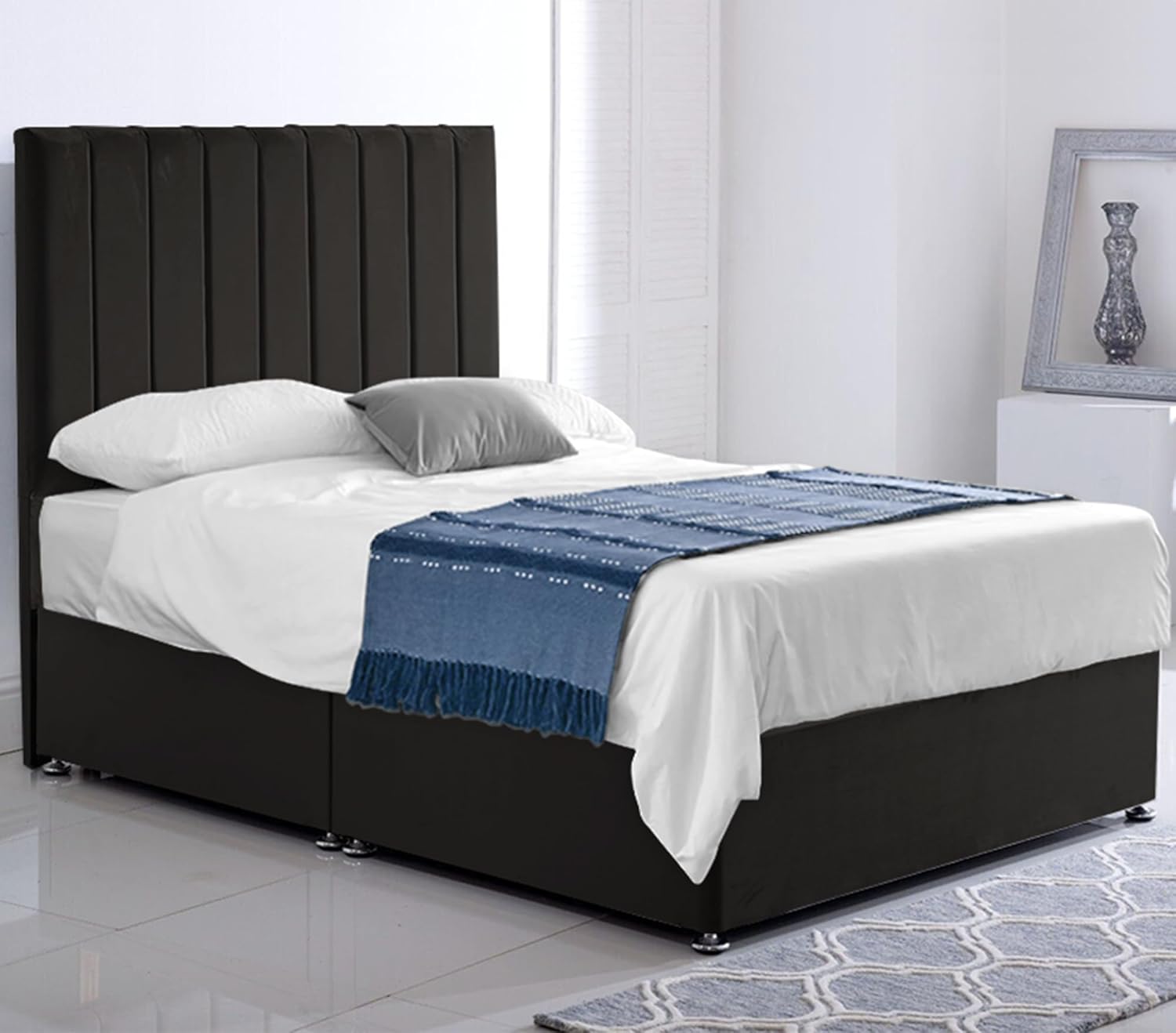 Black Plush Double Stripe Single Divan Bed Without Mattress - Sleek Stripe Velvet Bed Design & Grand 54" Headboard