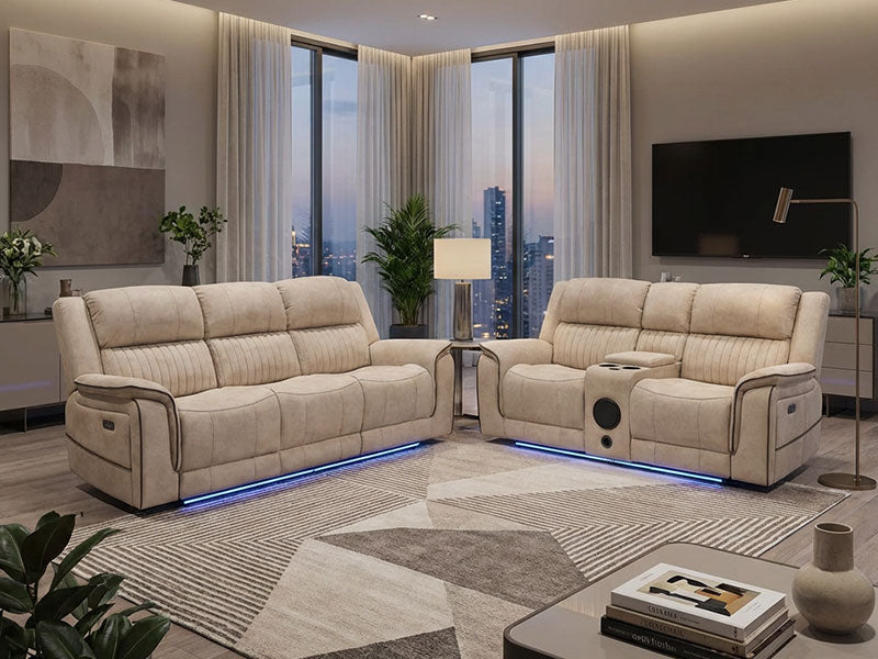 MNS Geneva Pro Fabric Electric Recliner Sofa 3+2+1 Set Wireless, Bluetooth, USB, Led