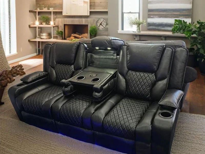 Orlando Electric Recliner Blue LED Light, USB and Wireless Charger 3, 2 & 1 Seaters - Black