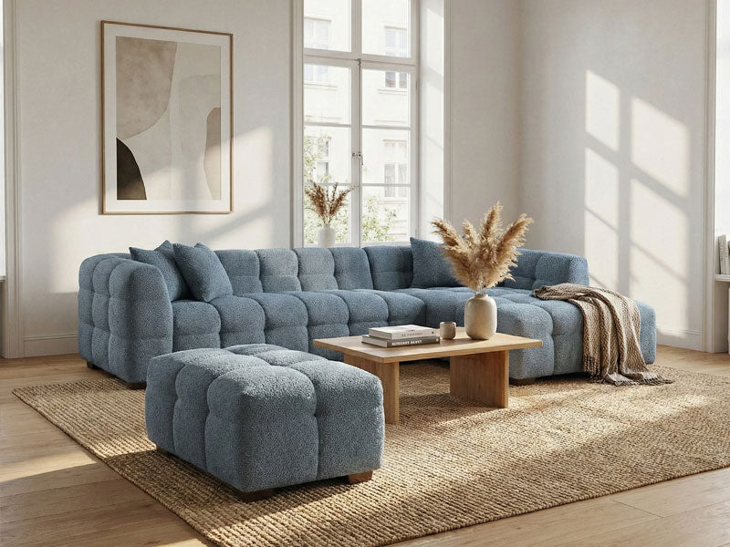MNS Aluxo Tribeca Corner Sofa in Iron Boucle Fabric With Matching Footstool