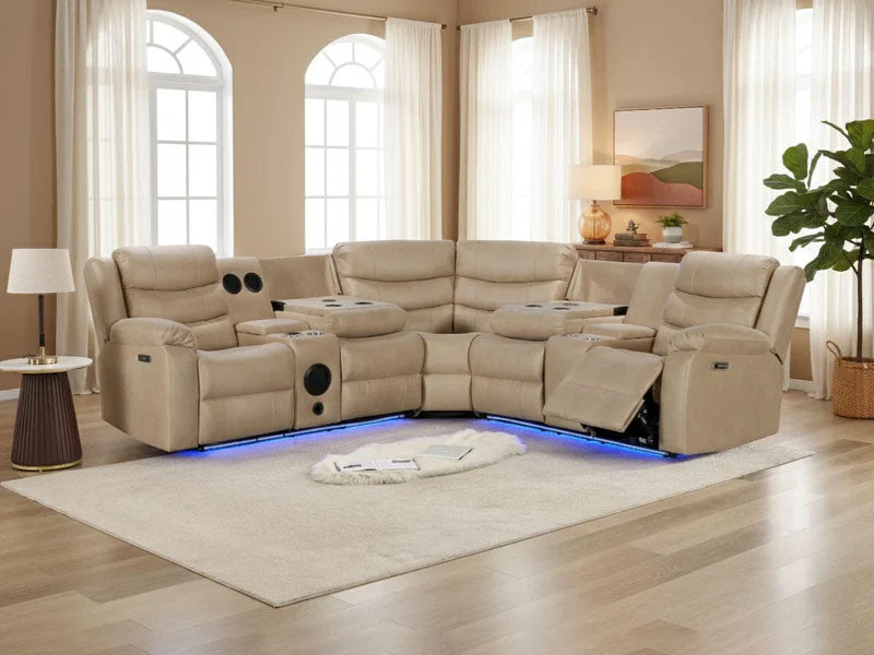 MNS Madrid Electric Recliner Corner Sofa Beige With Cup Holders/Bluetooth/USB/LED