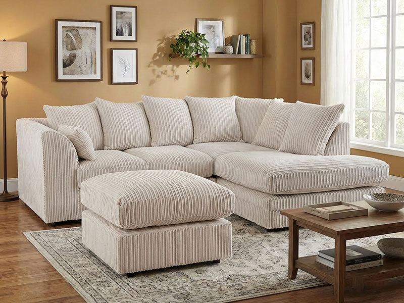 Dylan Jumbo Cord Fabric Corner Sofa with Cushions 3 Seaters, 2 Seaters L-Shape Sofa - Cream