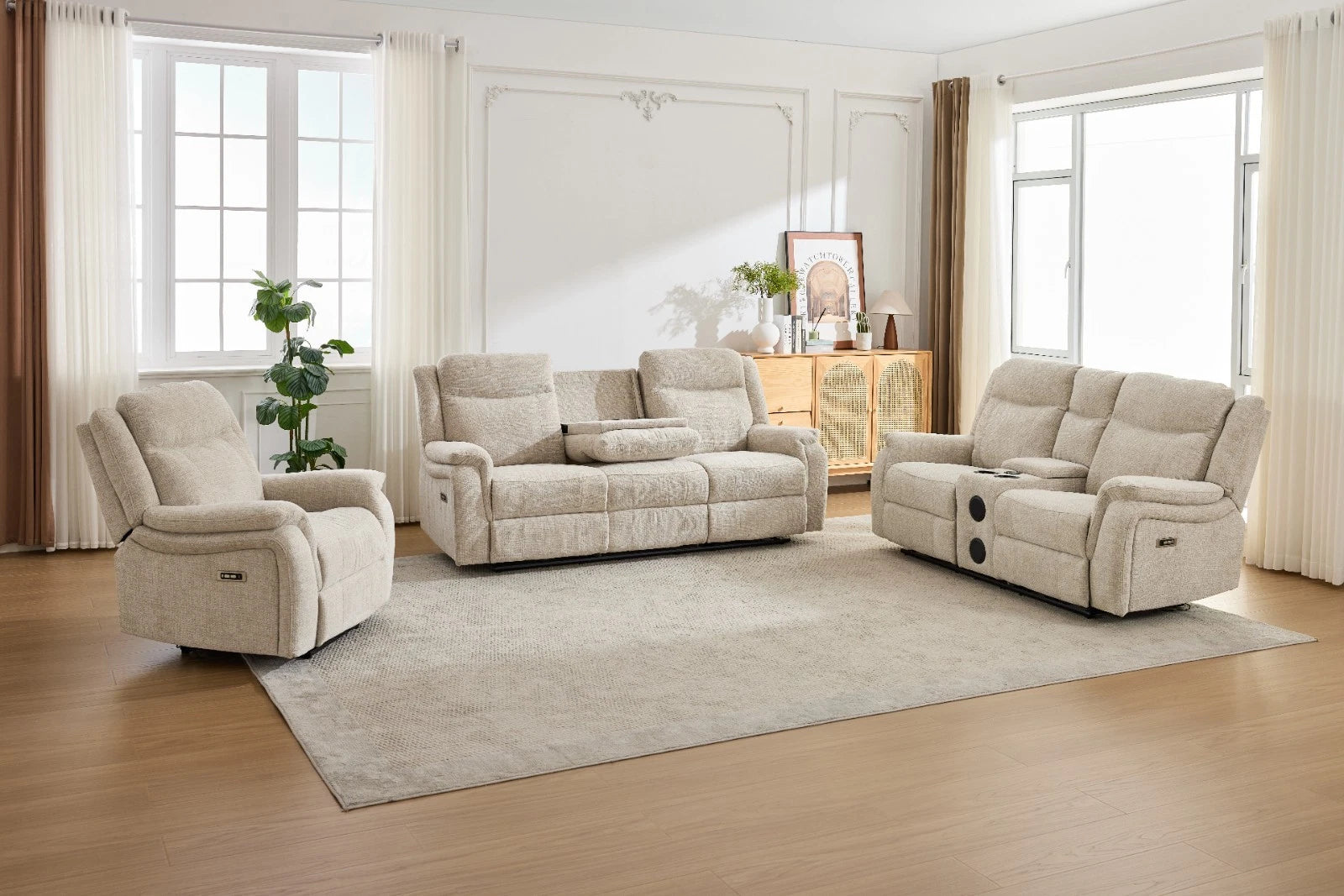 MNS Siyara Fabric Electric Recliner 3+2 Sofa With Bluetooth, USB, Cooling, Cupholder, Wireless Charging