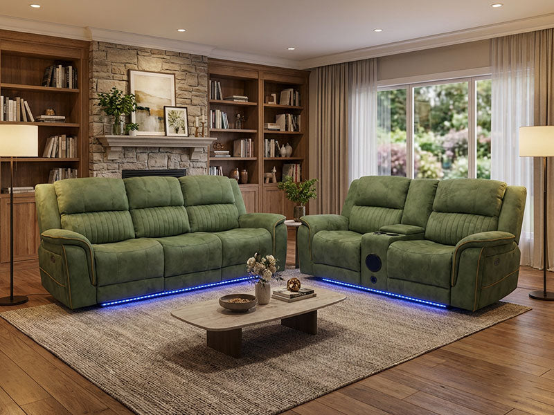 MNS Geneva Pro Fabric Electric Recliner Sofa 3+2 Set,Bluetooth,USB,Cooling-Cupholder