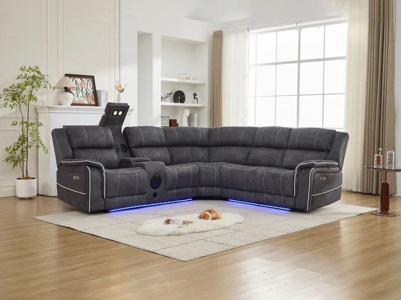 MNS Geneva Pro Electric Recliner Corner Fabric Sofa Grey, LED, Wireles charging