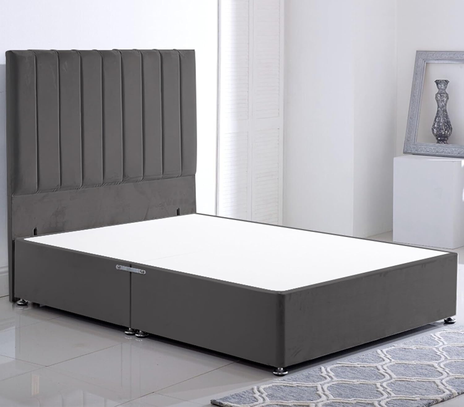 Plush Double Stripe Single Divan Bed without Mattress - Premium Mattress - Sleek Stripe Velvet Bed Design & Grand 54" Headboard - NO Drawers - Single Bed - Bedroom Set (Grey Plush)