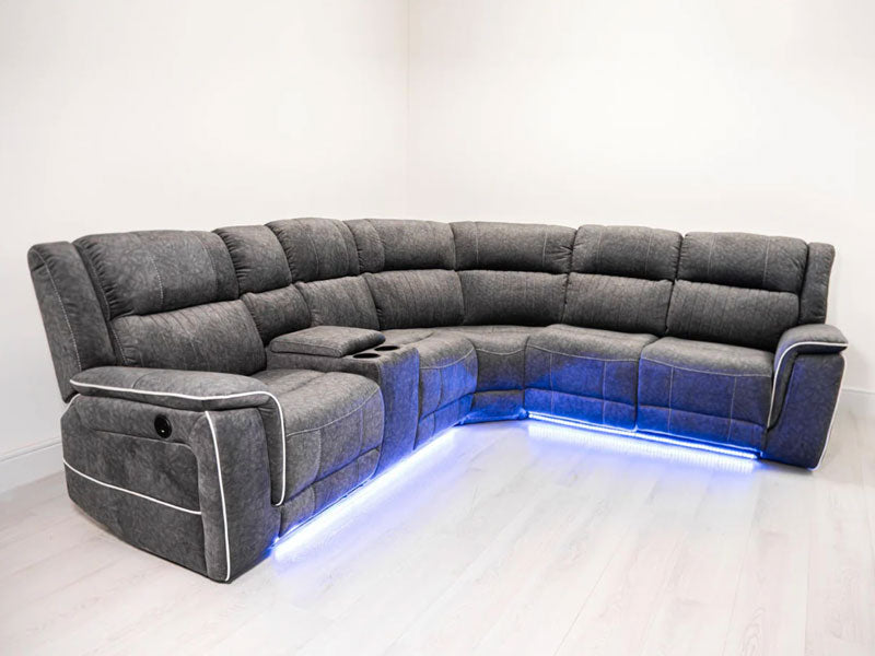 Hanna Electric Recliner Corner Sofa – Soft Grey Micro Fabric – LED Lights & USB Ports