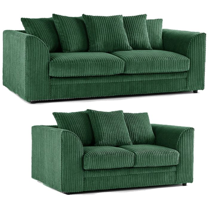 Dylan Jumbo Cord Fabric Corner Sofa with Cushions 3 Seaters, 2 Seaters L-Shape Sofa - Green