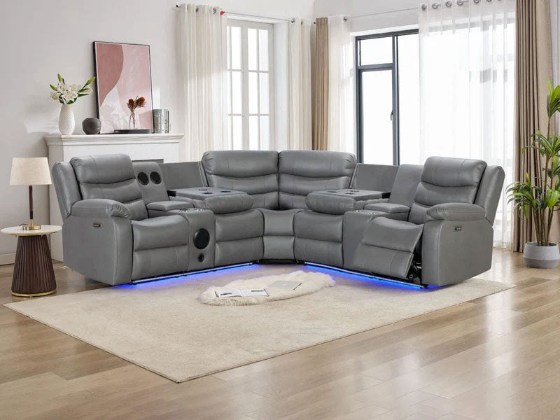 MNS Madrid Electric Recliner Corner Sofa Grey,Wireless,Cup Holders,Bluetooth,USB,LED