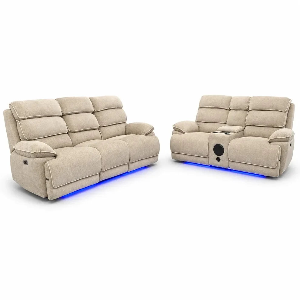 MNS Lakeland 3 + 2 Fabric Beige or Grey Electric Power Recliner Sofa Set - Large Seating with Bluetooth Speakers & Wireless Charging pads