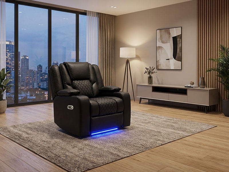 Electric Recliner Orlando Armchair Black 1 seater | USB, Cup Holders, LED