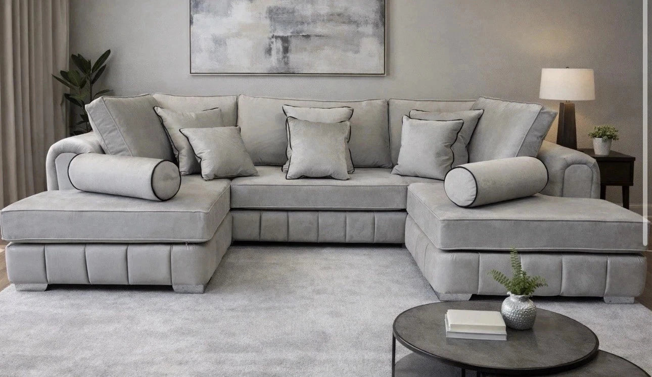 MNS Cinema luxury Lilly U Shape High Back Silver Velvet Fabric With Cushions