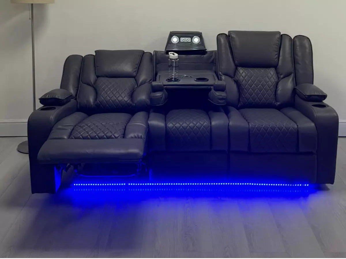 Orlando Electric Recliner Blue LED Light, USB and Wireless Charger 3, 2 & 1 Seaters - Black