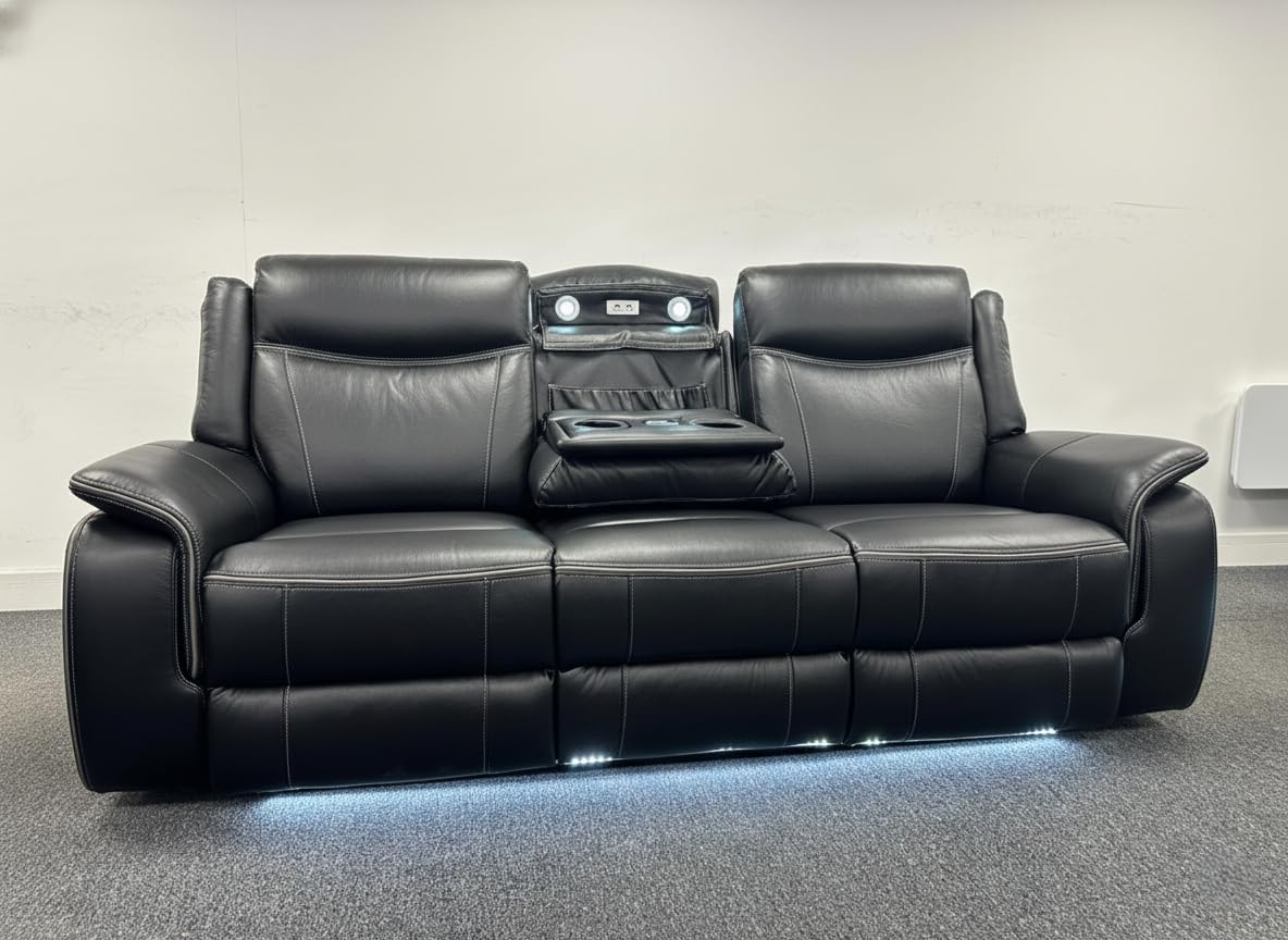 MNS Pradaa Leather Electric Recliner Sofa Set With Cupholders, LED Lights – Bluetooth Speakers – Cooling Cupholders