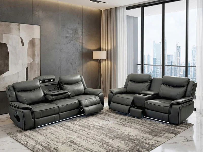MNS Pradaa Leather Electric Recliner Sofa Set With Cupholders, LED Lights – Bluetooth Speakers – Cooling Cupholders