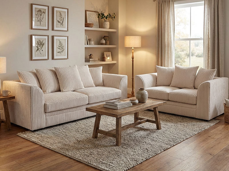 Dylan Jumbo Cord Fabric Corner Sofa with Cushions 3 Seaters, 2 Seaters L-Shape Sofa - Cream
