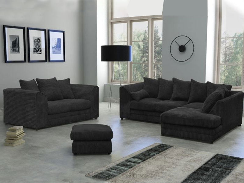 Dylan Jumbo Cord Fabric Corner Sofa with Cushions 3 Seaters, 2 Seaters L-Shape Sofa - Black