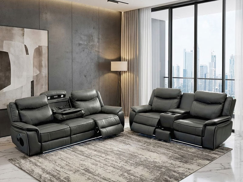 MNS Pradaa Leather Electric Recliner Sofa Set With Cupholders – 3+2 Seater Sofa Set